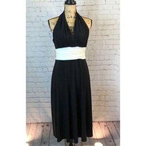 Jones New York Dress Black Halter White Ruched Waist Midi Size 8